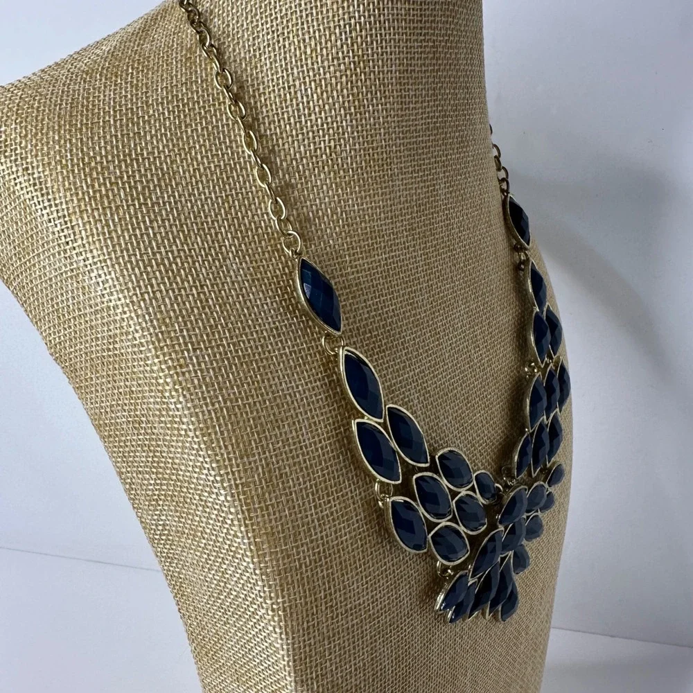 Navy Blue Marquise Rhinestone Bib Necklace Gold Tone Statement Adjustable‎ Chain